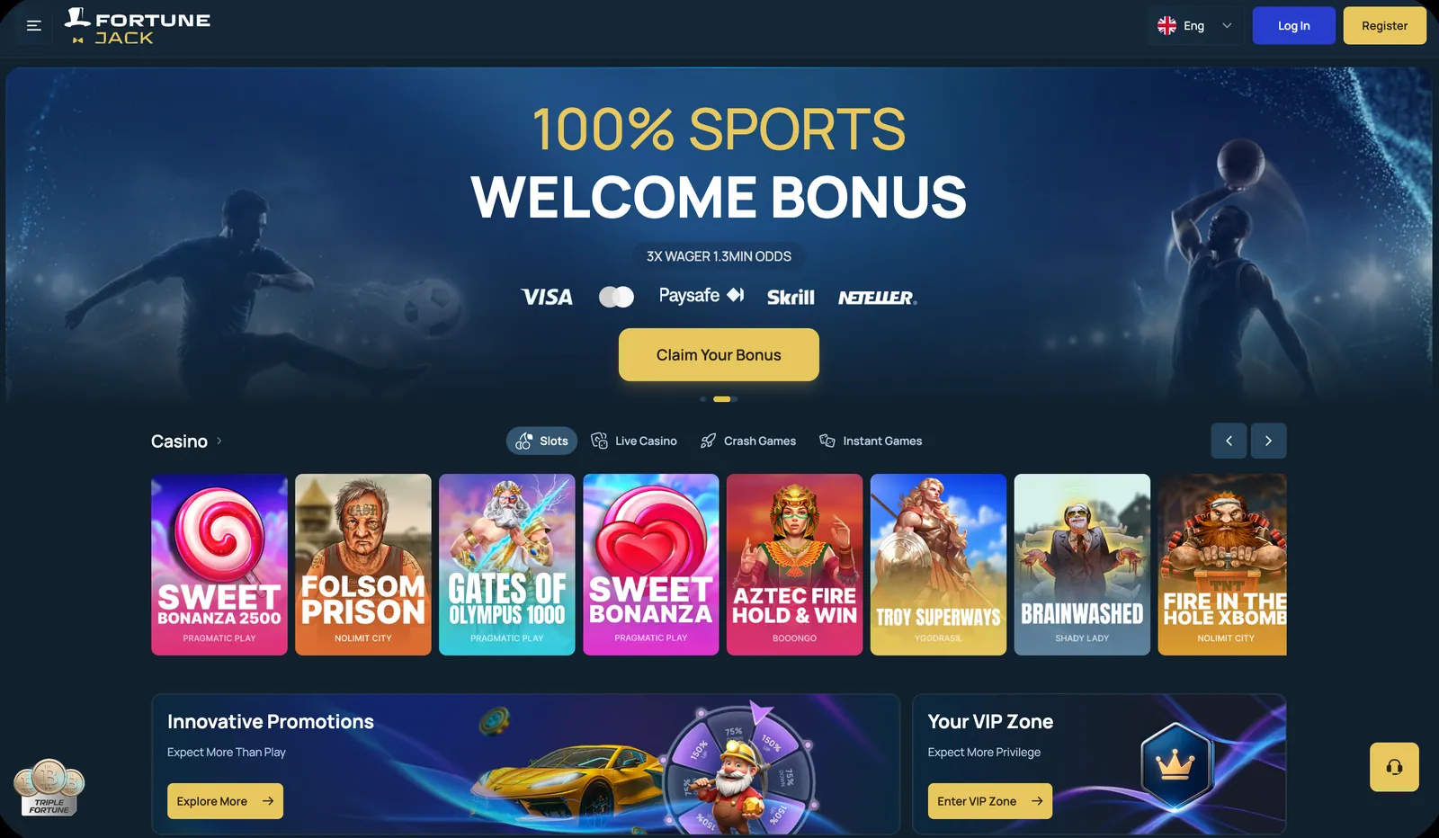 Screenshot der Startseite von FortuneJack mit Willkommensbonus, Slot-Kacheln von Pragmatic Play, Nolimit City und Yggdrasil sowie den Bereichen Live Casino, Crash Games und Instant Games